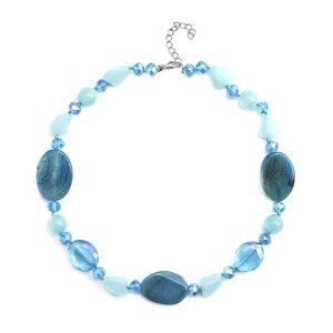 Blue Agate and Blue Color Glass Beaded Necklace in Silvertone